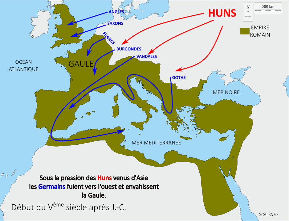 Carte de l’Europe sous la pression des Huns